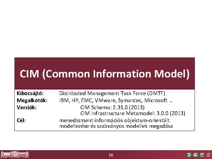 CIM (Common Information Model) Kibocsájtó: Megalkotók: Verziók: Cél: Distributed Management Task Force (DMTF) IBM,