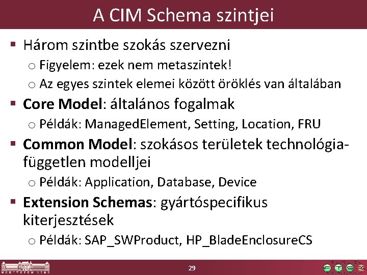 A CIM Schema szintjei § Három szintbe szokás szervezni o Figyelem: ezek nem metaszintek!