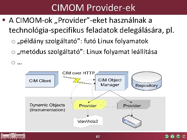 CIMOM Provider-ek § A CIMOM-ok „Provider”-eket használnak a technológia-specifikus feladatok delegálására, pl. o „példány