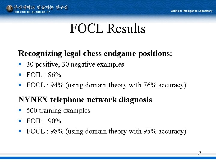 FOCL Results Recognizing legal chess endgame positions: § 30 positive, 30 negative examples §