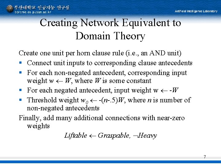 Creating Network Equivalent to Domain Theory Create one unit per horn clause rule (i.