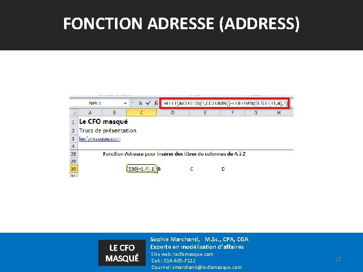 FONCTION ADRESSE (ADDRESS) LE CFO MASQUÉ Sophie Marchand, M. Sc. , CPA, CGA Experte