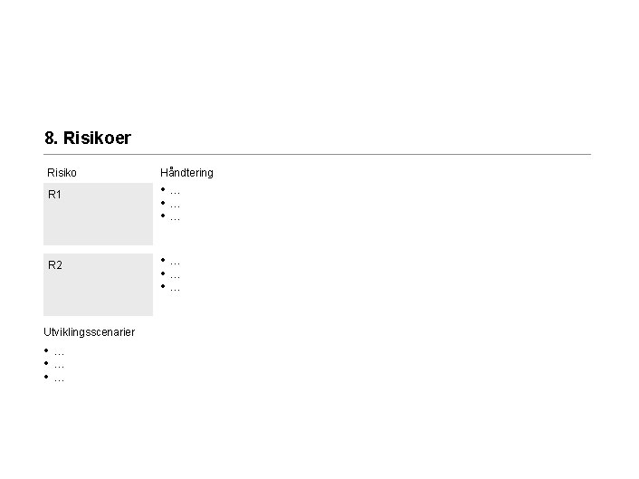 8. Risikoer Risiko R 1 R 2 Utviklingsscenarier • … • … Håndtering •