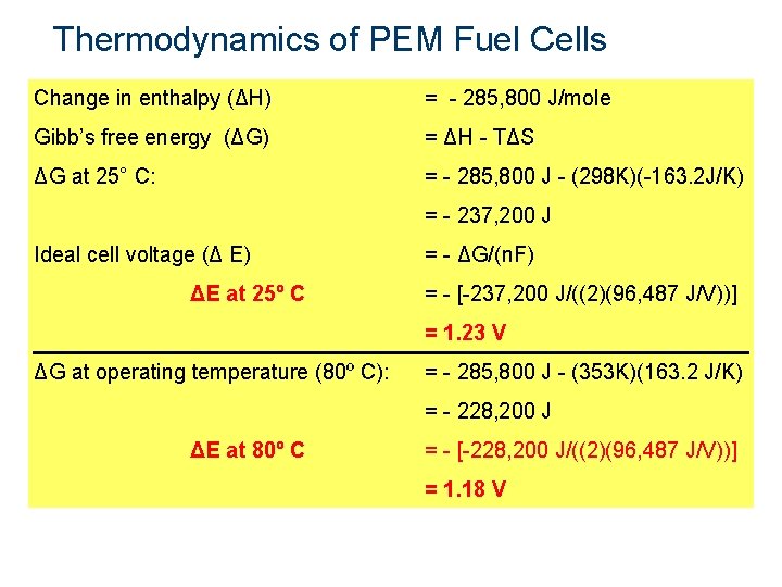 Thermodynamics of PEM Fuel Cells Change in enthalpy (ΔH) = - 285, 800 J/mole