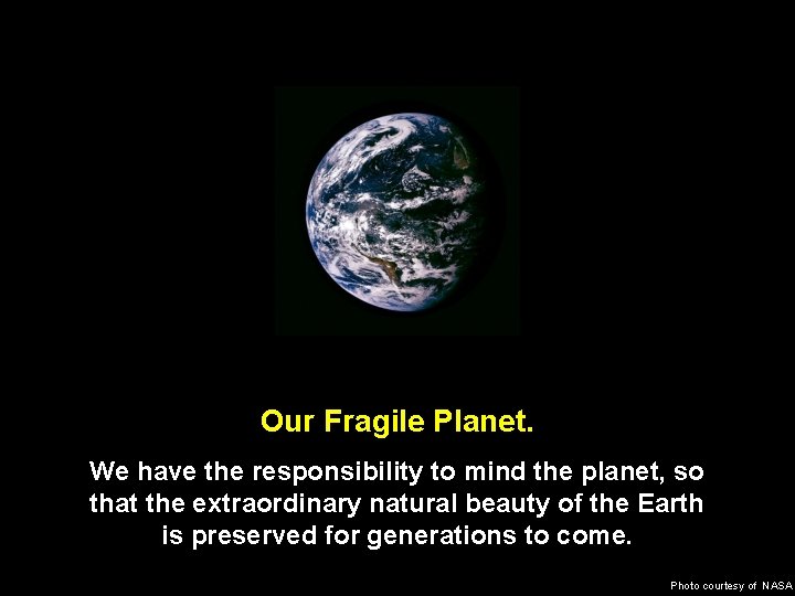 Our Fragile Planet. We have the responsibility to mind the planet, so that the