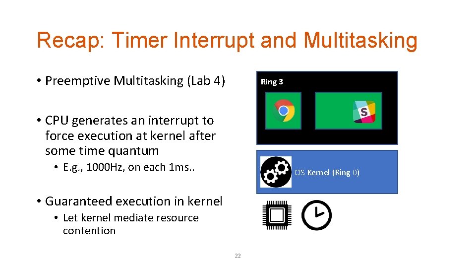 Recap: Timer Interrupt and Multitasking • Preemptive Multitasking (Lab 4) Ring 3 • CPU