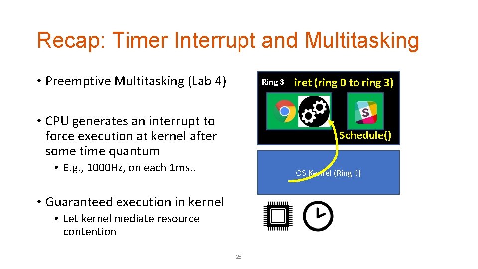 Recap: Timer Interrupt and Multitasking • Preemptive Multitasking (Lab 4) Ring 3 • CPU