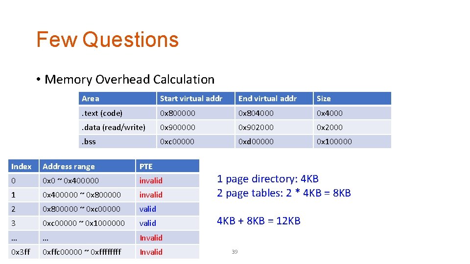 Few Questions • Memory Overhead Calculation Area Start virtual addr End virtual addr Size