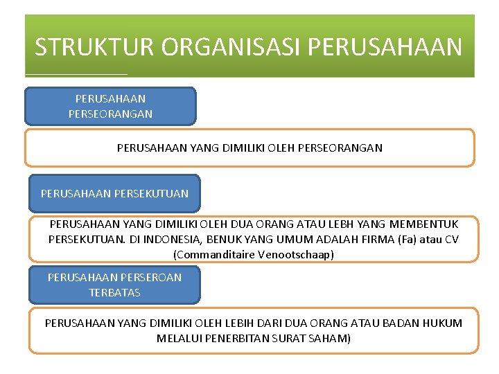 STRUKTUR ORGANISASI PERUSAHAAN PERSEORANGAN PERUSAHAAN YANG DIMILIKI OLEH PERSEORANGAN PERUSAHAAN PERSEKUTUAN PERUSAHAAN YANG DIMILIKI