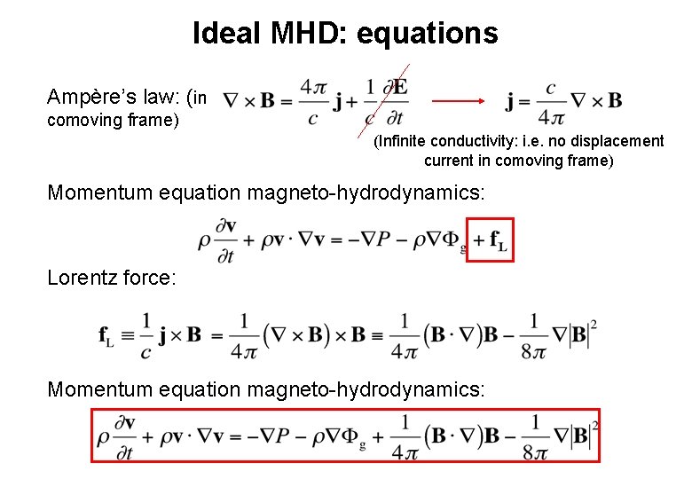 Ideal MHD: equations Ampère’s law: (in comoving frame) (Infinite conductivity: i. e. no displacement