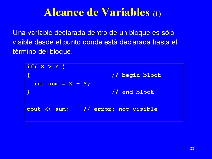 Alcance de Variables (1) Una variable declarada dentro de un bloque es sólo visible