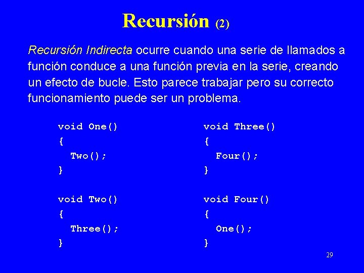 Recursión (2) Recursión Indirecta ocurre cuando una serie de llamados a función conduce a