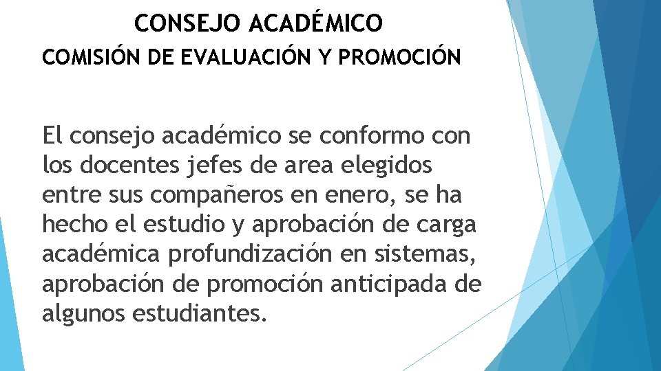 CONSEJO ACADÉMICO COMISIÓN DE EVALUACIÓN Y PROMOCIÓN El consejo académico se conformo con los