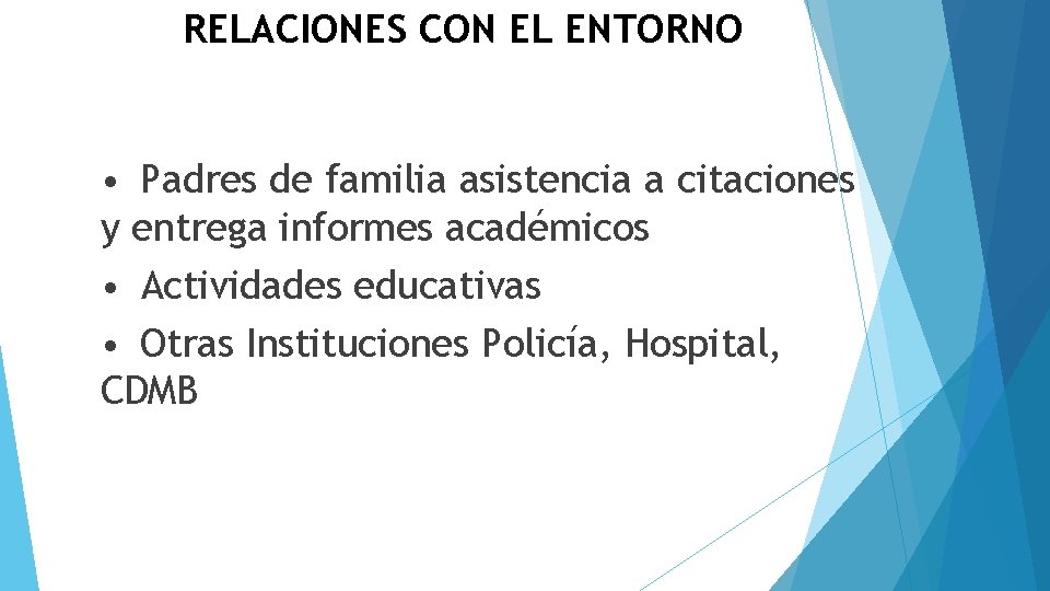 RELACIONES CON EL ENTORNO • Padres de familia asistencia a citaciones y entrega informes