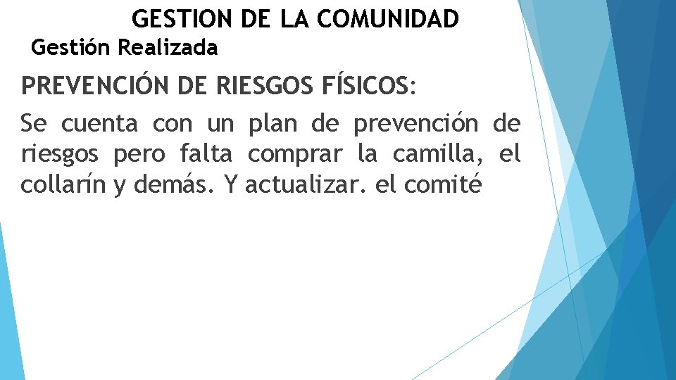 GESTION DE LA COMUNIDAD Gestión Realizada PREVENCIÓN DE RIESGOS FÍSICOS: Se cuenta con un