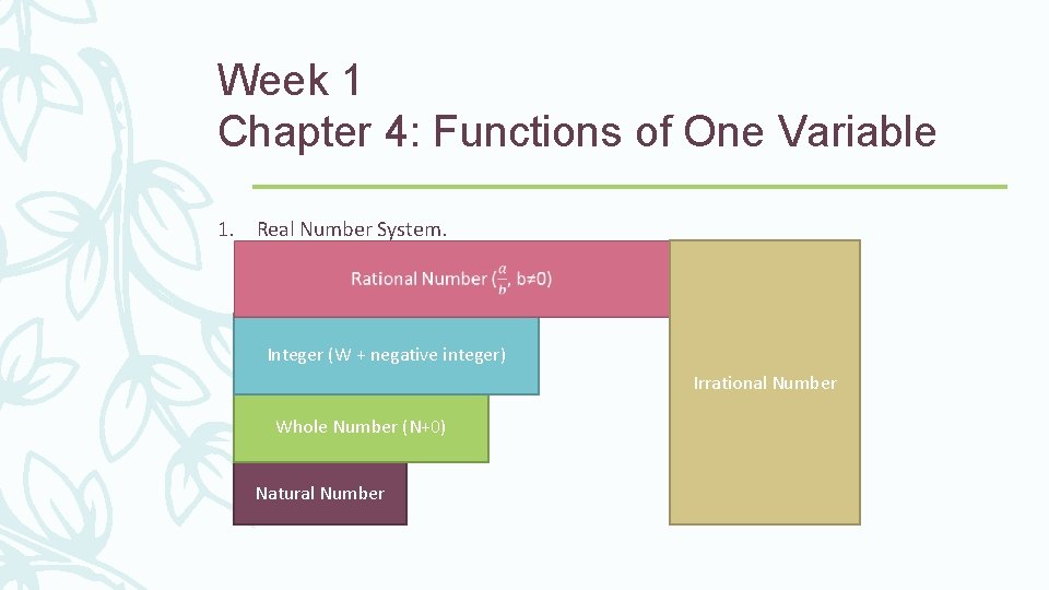 Week 1 Chapter 4: Functions of One Variable 1. Real Number System. Integer (W