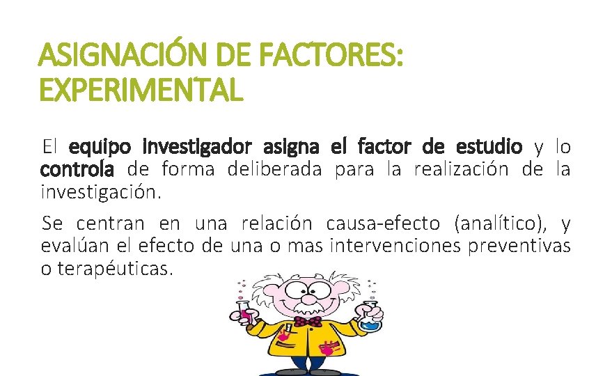 ASIGNACIÓN DE FACTORES: EXPERIMENTAL El equipo investigador asigna el factor de estudio y lo