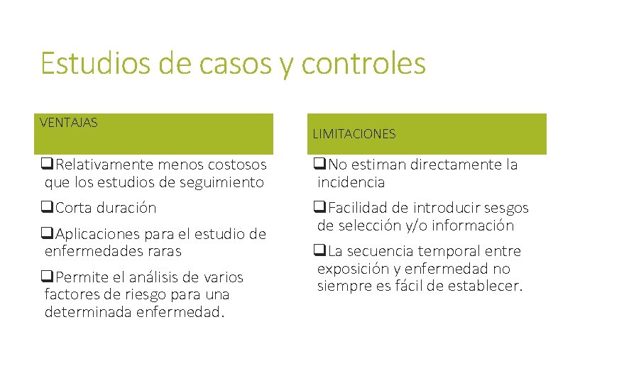 Estudios de casos y controles VENTAJAS q. Relativamente menos costosos que los estudios de