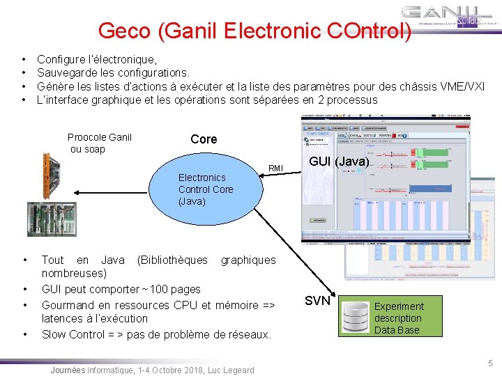 Geco (Ganil Electronic COntrol) • • Configure l’électronique, Sauvegarde les configurations. Génère les listes