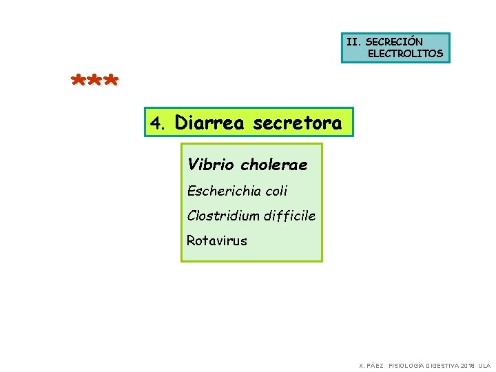 II. SECRECIÓN ELECTROLITOS *** 4. Diarrea secretora Vibrio cholerae Escherichia coli Clostridium difficile Rotavirus