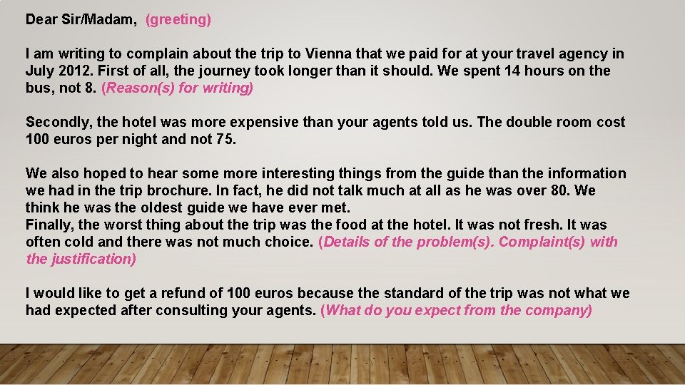 Dear Sir/Madam, (greeting) I am writing to complain about the trip to Vienna that