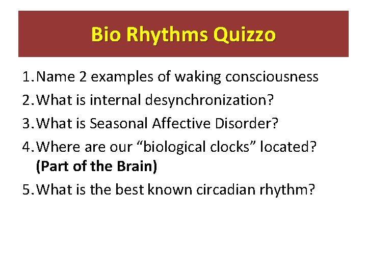 Bio Rhythms Quizzo 1. Name 2 examples of waking consciousness 2. What is internal