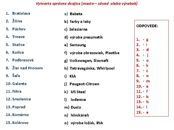 Vytvorte správne dvojice (mesto – závod alebo výrobok) 1. Bratislava a) Babeta 2. Žilina