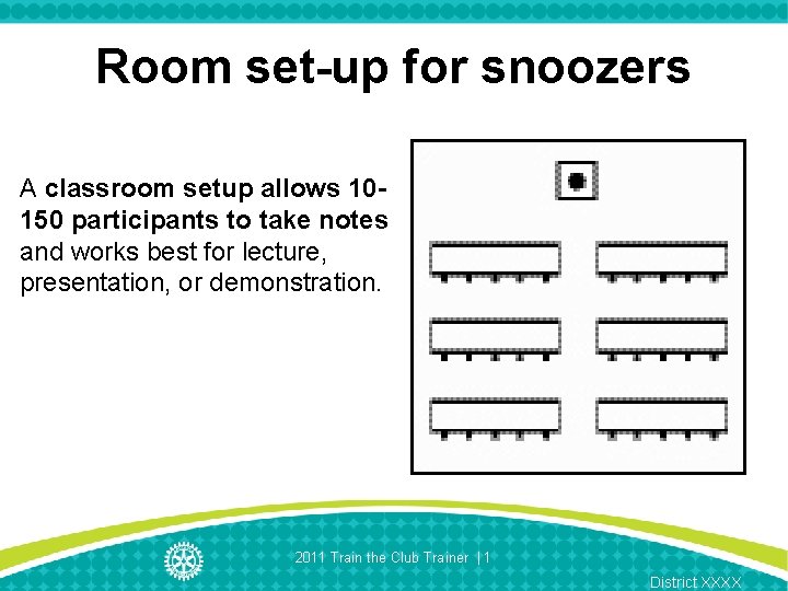 Room set-up for snoozers A classroom setup allows 10150 participants to take notes and