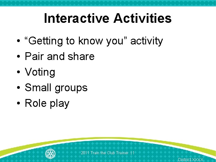 Interactive Activities • • • “Getting to know you” activity Pair and share Voting