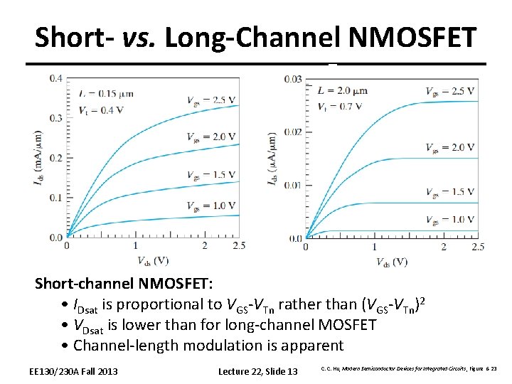 Short- vs. Long-Channel NMOSFET Short-channel NMOSFET: • IDsat is proportional to VGS-VTn rather than