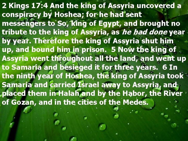 2 Kings 17: 4 And the king of Assyria uncovered a conspiracy by Hoshea;