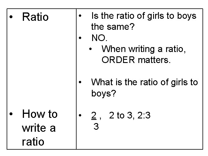  • Ratio • How to write a ratio • Is the ratio of