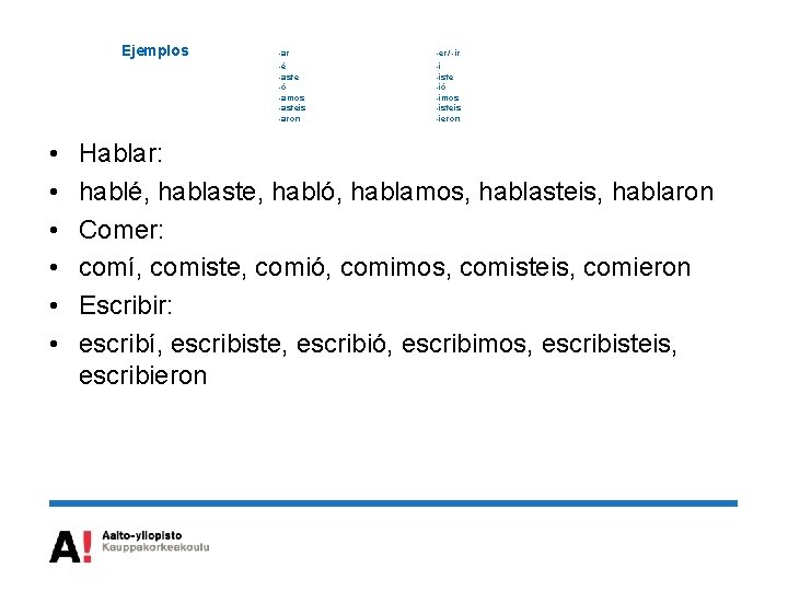 Ejemplos • • • -ar -er/ -ir -é -aste -ó -amos -asteis -aron -í