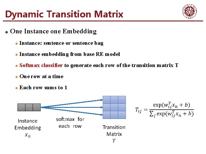Dynamic Transition Matrix u One Instance one Embedding u Instance: sentence or sentence bag
