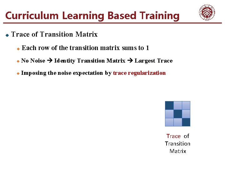 Curriculum Learning Based Training u Trace of Transition Matrix u Each row of the