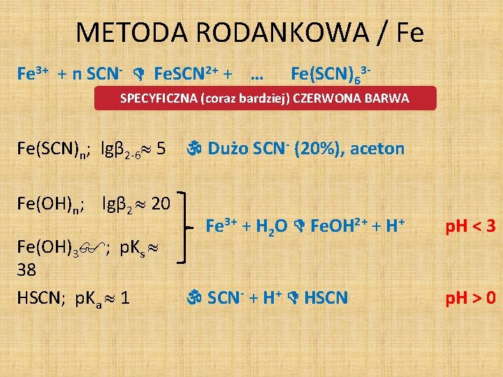 METODA RODANKOWA / Fe Fe 3+ + n SCN- Fe. SCN 2+ + …