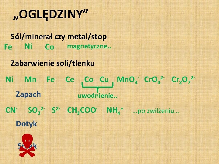 „OGLĘDZINY” Sól/minerał czy metal/stop magnetyczne. . Fe Ni Co Zabarwienie soli/tlenku Ni Mn Zapach