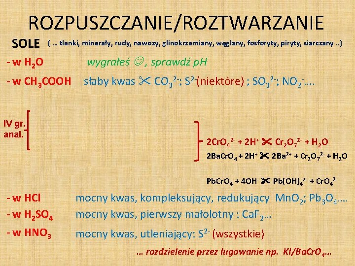 ROZPUSZCZANIE/ROZTWARZANIE SOLE ( … tlenki, minerały, rudy, nawozy, glinokrzemiany, węglany, fosforyty, piryty, siarczany. .