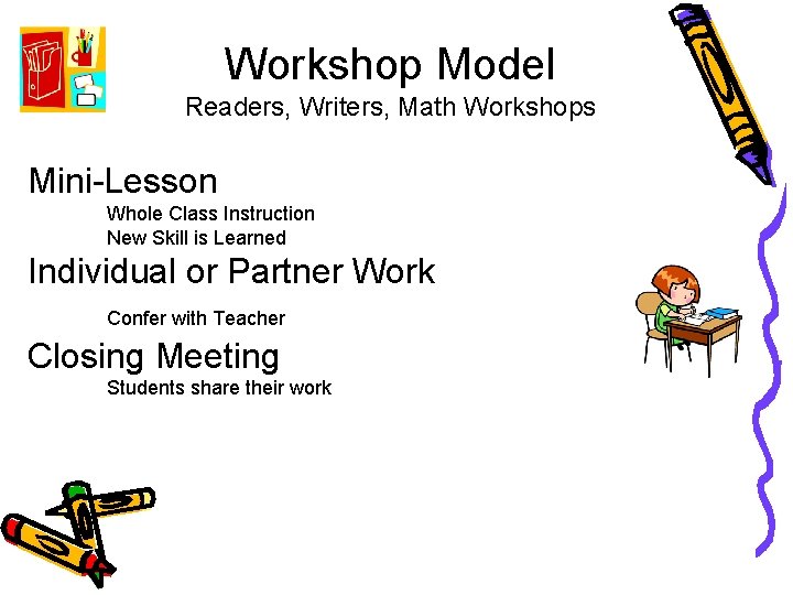 Workshop Model Readers, Writers, Math Workshops Mini-Lesson Whole Class Instruction New Skill is Learned