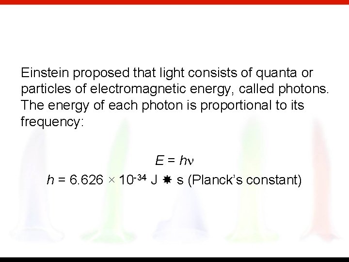Einstein proposed that light consists of quanta or particles of electromagnetic energy, called photons.