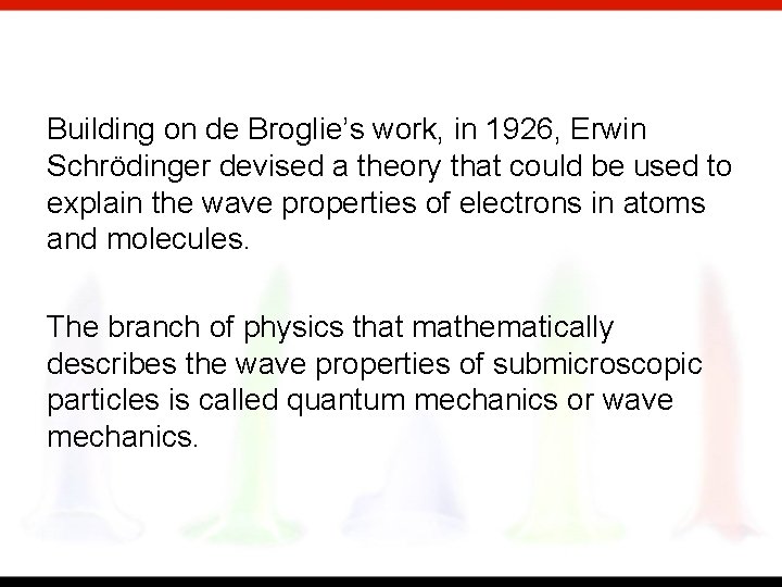 Building on de Broglie’s work, in 1926, Erwin Schrödinger devised a theory that could