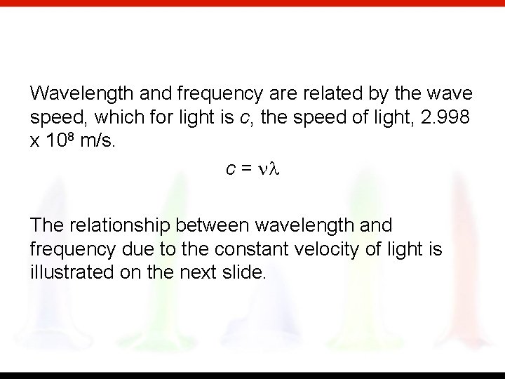Wavelength and frequency are related by the wave speed, which for light is c,