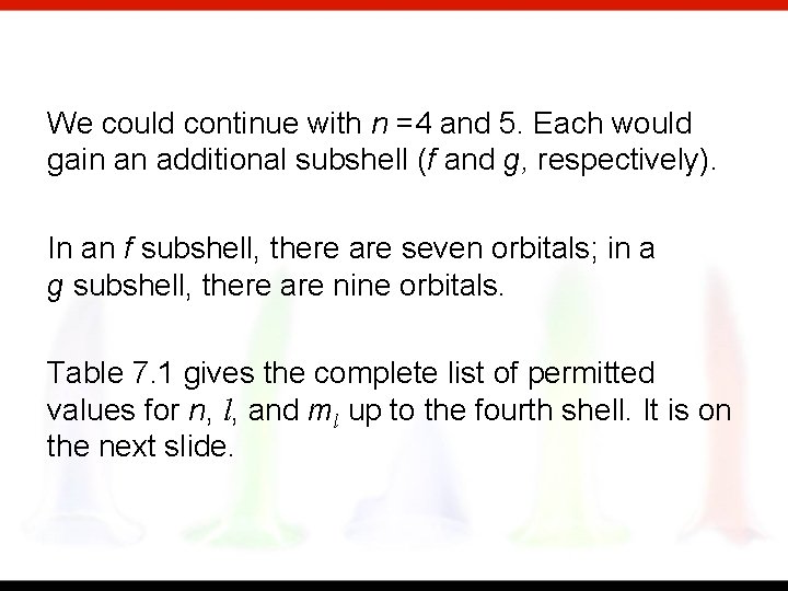 We could continue with n =4 and 5. Each would gain an additional subshell