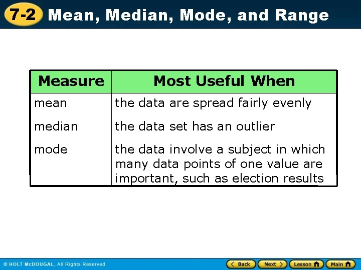 7 -2 Mean, Median, Mode, and Range Measure Most Useful When mean the data