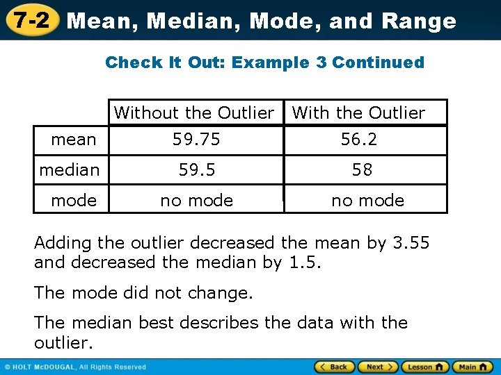7 -2 Mean, Median, Mode, and Range Check It Out: Example 3 Continued Without