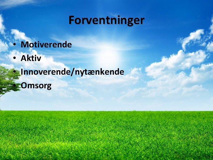 Forventninger • • Motiverende Aktiv Innoverende/nytænkende Omsorg 