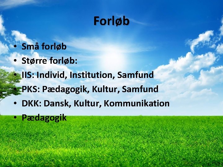 Forløb • • • Små forløb Større forløb: IIS: Individ, Institution, Samfund PKS: Pædagogik,