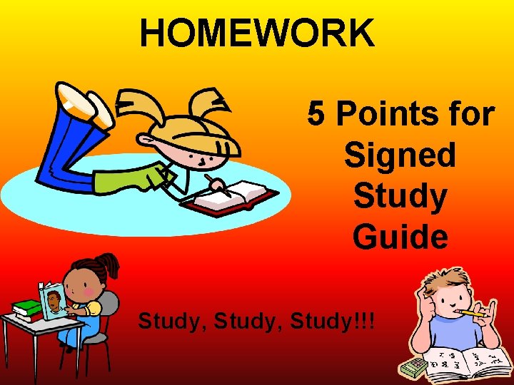 HOMEWORK 5 Points for Signed Study Guide Study, Study!!! 