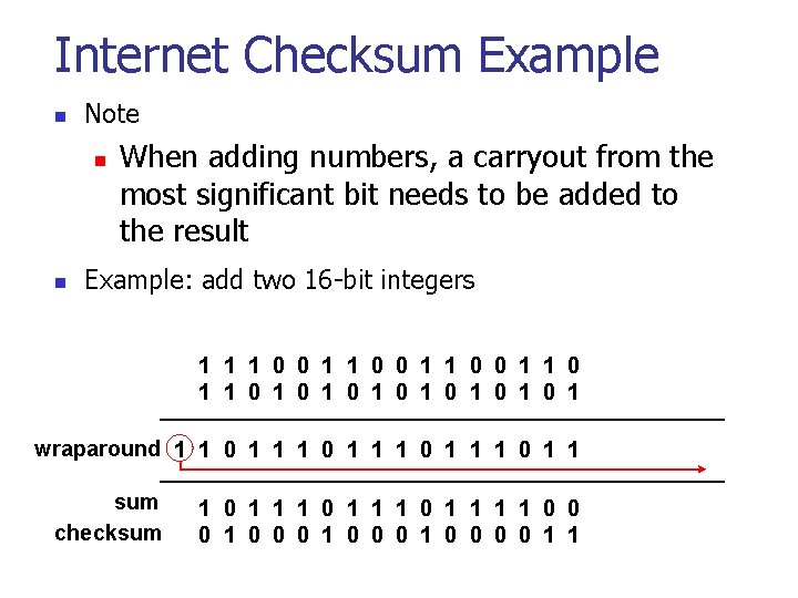 Internet Checksum Example n Note n n When adding numbers, a carryout from the Internet Checksum Example n Note n n When adding numbers, a carryout from the
