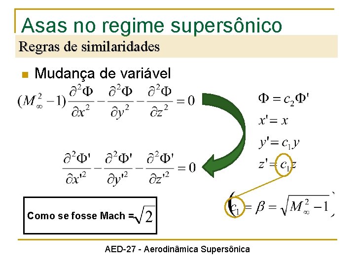 Asas no regime supersônico Regras de similaridades n Mudança de variável Como se fosse